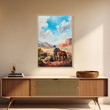Load image into Gallery viewer, Cowboy and Horse Desert Scene Art - Framed Canvas Print, Western Living Room Decor, Cowboy Wall Art, Desert Home Decoration