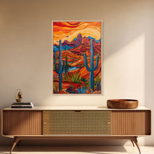 Carregar imagem no visualizador da galeria, Framed Canvas Print, Bright Desert Landscape with Cacti and Mountains, Perfect Wall Art for Living Room or Bedroom