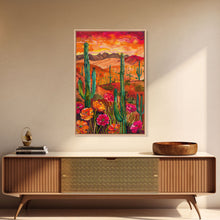 Carregar imagem no visualizador da galeria, Framed Canvas Print, Vibrant Desert Landscape with Flowers and Cacti, Perfect Wall Art for Living Room or Bedroom Decor