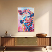 Cargar imagen en el visor de la galería, Floral Crowned Cow Portrait - Whimsical Farmhouse Wall Art, Vibrant Animal Painting, Bedroom Decor, Cute Cow Canvas Print