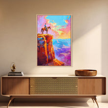 Load image into Gallery viewer, Cowboy on Cliff Edge at Sunset - Colorful Western Landscape Painting, Sunset Wall Art, Living Room Decor, Cowboy Canvas Print