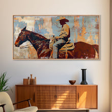 Load image into Gallery viewer, Cowboy on Horseback, Textured Background, Modern Living Room Art, Framed Canvas Print, Rustic Home Decoration, Boho Wall Art