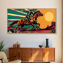 Load image into Gallery viewer, Vintage Cowboy Riding Horse, Western Sunset Wall Art, Framed Canvas Print, Rustic Decor, Cowboy Art, Country Living Room