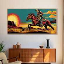 Load image into Gallery viewer, Cowboy Riding Through Desert, Southwestern Landscape Art, Framed Canvas Print, Boho Decor, Desert Art, Rustic Wall Art