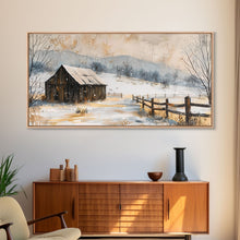 Load image into Gallery viewer, Snowy Barn in Winter Field, Framed Canvas Print, Rustic Wall Art, Living Room Decor, Farmhouse Style, Winter Landscape