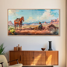 Load image into Gallery viewer, Cowboy Resting with Horse in Desert Landscape, Classic Western Art, Framed Canvas Print, Rustic Wall Decor, Living Room Decoration
