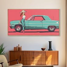 Load image into Gallery viewer, Cowgirl Leaning Against Classic Car in Pop Art Style, Vibrant Framed Canvas Print for Bedroom, Perfect Living Room Wall Art