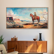 Load image into Gallery viewer, Cowboy on Horse Overlooking Canyon, Majestic Western Art, Framed Canvas Print, Boho Wall Art, Living Room Decor, Home Decoration