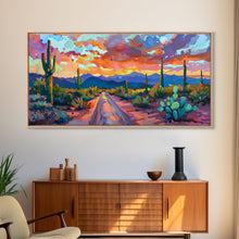 Carregar imagem no visualizador da galeria, Cacti and Mountains Under Sunset Sky, Vibrant Southwestern Landscape Art, Framed Canvas Print, Boho Living Room Decor, Desert Scene