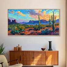 Load image into Gallery viewer, Desert Sunset with Cacti and Mountains, Abstract Southwestern Art, Framed Canvas Print, Rustic Boho Wall Decor, Living Room Art