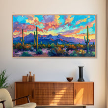 Load image into Gallery viewer, Expansive Desert Landscape at Sunset, Colorful Southwestern Art, Framed Canvas Print, Boho Living Room Wall Decor, Desert Scene