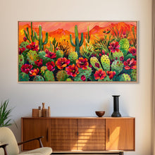 Cargar imagen en el visor de la galería, Colorful cactus garden in desert sunset, Framed Canvas Print, perfect for farmhouse living room, bohemian wall art
