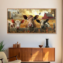 Carregar imagem no visualizador da galeria, Cute cows peeking through barn fence, Framed Canvas Print, ideal for farmhouse living room, country style wall art decor