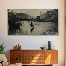 Load image into Gallery viewer, Cowboy Crossing River with Mountains, Framed Canvas Print for Western Living Room Decor, Ideal Bedroom Wall Art, Rustic Scene