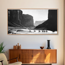 Carregar imagem no visualizador da galeria, Framed Canvas Print of Cowboys Riding through Canyon, Western Wall Art for Living Room or Bedroom, Unique Home Decor