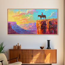 Load image into Gallery viewer, Cowboy on Horse Overlooking Canyon Sunset, Farmhouse Style Framed Canvas Print for Living Room Wall Art, Vibrant Home Decor, Western Scene