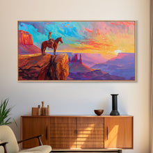 Load image into Gallery viewer, Cowboy and Horse with Canyon View, Farmhouse Style Framed Canvas Print for Bedroom Wall Art, Vibrant Home Decor, Western Scenic Art