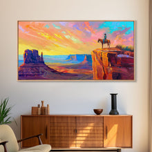 Load image into Gallery viewer, Cowboy with Horse on Cliff Edge, Farmhouse Style Framed Canvas Print for Living Room Wall Art, Vibrant Home Decor, Western Scenic Art