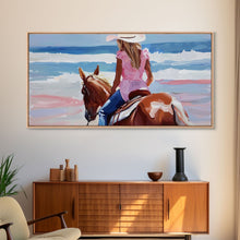 Load image into Gallery viewer, Cowgirl Riding Horse by the Ocean, Tranquil Framed Canvas Print, Perfect for Coastal Living Room Art, Beach Bedroom Decor, Horse Wall Art