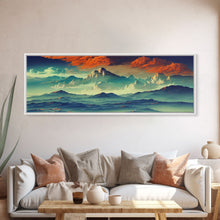 Load image into Gallery viewer, Beautiful Fantasy Mountain Landscape With Orange Clouds, Framed Canvas Print, Ready To Hang Panoramic Wall Decorr