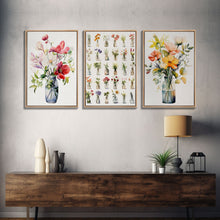 Carregar imagem no visualizador da galeria, 3 Piece Set, Cute Kawaii Floral Print, Flowers In Vases, Framed Wall Art, Canvas Print, Botanical Wall Decor, Dried Flower Large Triptych