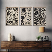 Load image into Gallery viewer, Black and White Floral Print, 3 Piece Framed Canvas Art, Boho Rustic Farmhouse Decor, Living Room Art, Minimalist Wall Art