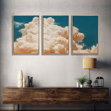 Load image into Gallery viewer, Clouds On Canvas, Framed Wall Art Set of 3 Pastel Cloud Navy Blue Sky Nature Landscape Prints Minimalist Modern Art Nature Wall Decor