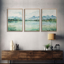 Carregar imagem no visualizador da galeria, Framed Canvas Wall Art Set of 3 Mint Green Forest Mountain Nature Landscape Prints Minimalist Modern Art Woodland Nursery Wall Art