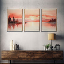 Load image into Gallery viewer, Beautiful Red Lake Sunset 3 Piece Framed Canvas Print Set, Above Sofa Art, Living Room Decor, Beautiful Wall Art, Watercolor Painting