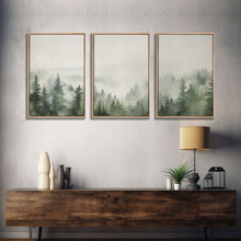 Carregar imagem no visualizador da galeria, Framed Canvas Wall Art Set of 3 Emerald Green Pine Tree Mountain Range Nature Landscape Prints Minimalist Modern Art Woodland Nursery Decor