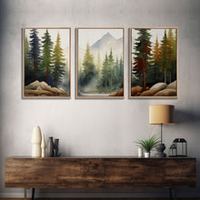 Carregar imagem no visualizador da galeria, 3 Panel Framed Canvas Print Wall Art Set of 3 Emerald Green Mountain Forest Lake Landscape Minimalist Modern Art Nature Wall Decor Pine Tree