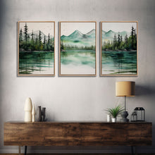 Carregar imagem no visualizador da galeria, 3 Panel Framed Canvas Print Wall Art Set of 3 Emerald Green Mountain Forest Lake Landscape Minimalist Modern Art Nature Wall Decor Pine Tree