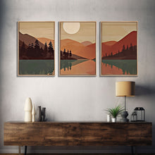 Load image into Gallery viewer, Boho Wall Art Prints, 3 Panel Canvas Art, Pacific Northwest Sunset, Boho Wall Art Set Minimalist Modern Mid Century Abstract Forest Wall Art