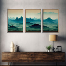 Load image into Gallery viewer, Emerald green rolling hills, fantasy mountains, 3 piece wall art, 3 piece canvas print, cool home wall decor