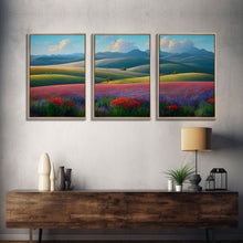 Cargar imagen en el visor de la galería, Colorful rolling hills, flower fields, landscape art, 3 piece wall art, 3 piece canvas, cool centerpiece living room wall art