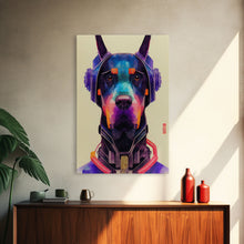 Load image into Gallery viewer, Cyberpunk Dobermann Pinscher Portrait, Watercolor, Framed Canvas Print, Ready To Hang Framed Wall Art, Living Room Wall Hanging