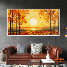 Load image into Gallery viewer, Beautiful Fall Decor Centerpiece Framed Canvas Print, Autumn Decor, Fall Wall Art, Above Mantle Wall Art, Stained Glass Style