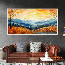 Load image into Gallery viewer, Beautiful Fall Decor Centerpiece Framed Canvas Print, Autumn Decor, Fall Wall Art, Above Mantle Wall Art, Stained Glass Style