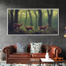 Load image into Gallery viewer, Does in a majestic forest, whitetail deer art, framed canvas print, ready to hang framed wall art