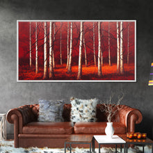 Load image into Gallery viewer, Birch Trees, Haunted birch forest, blood red forest, framed canvas print, ready to hang framed wall art