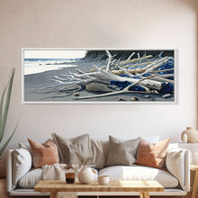 Carregar imagem no visualizador da galeria, Driftwood, Panoramic Framed Canvas Print, Pacific Northwest / Washington State Driftwood Washed Up On The Shore, Extra Wide Format Art