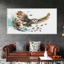 Carregar imagem no visualizador da galeria, Flying owl with trees, leaves, forest double exposure, nature animal, owl illusion art, wrapped framed canvas print, office wall art
