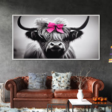 Cargar imagen en el visor de la galería, Cute Highland Cow wearing a Bow, Pink Bow on a Cute Cow, framed canvas print, black and white farmhouse cow art