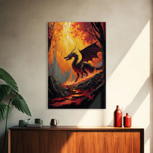 Load image into Gallery viewer, Dragon standing in a burned forest, fantasy art, fine art poster print