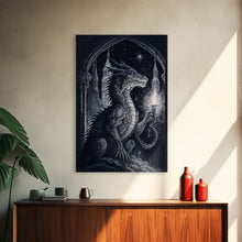 Load image into Gallery viewer, Dragon holding a torch, poster art, black and white dragon
