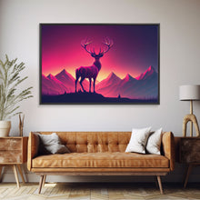 Load image into Gallery viewer, Beautiful stag and sunset, synthwave landscape art, framed canvas print, nature print, pastel and pink art