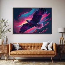 Carregar imagem no visualizador da galeria, Bald eagle in flight, vaporwave aesthetic art, eagle against a pastel sunset sky, framed canvas art, framed print