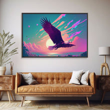 Carregar imagem no visualizador da galeria, Bald eagle in flight, vaporwave sunset, vaporwave art, framed canvas print, pink and turquoise art