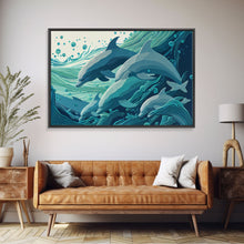 Load image into Gallery viewer, Dolphins in the Ocean, Turquoise dolphin art, framed canvas print, wall art with frame