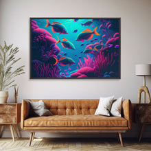 Load image into Gallery viewer, Coral Reef art, synthwave aesthetic ocean art, school of fish, framed canvas art, framed wall art canvas print